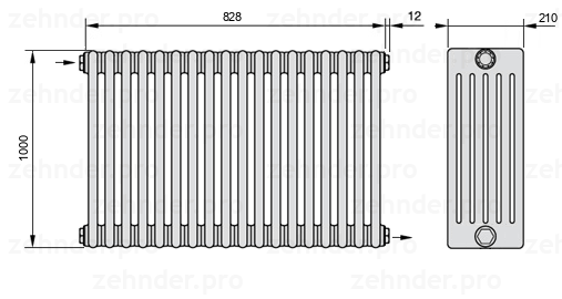 Схема (чертеж) Радиатор Zehnder Charleston 6100/18 №1670 Белый глянцевый RAL 9016
